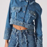 Maia Two Tone Distressed Denim Crop Jacket - Light Blue
