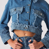 Maia Two Tone Distressed Denim Crop Jacket - Light Blue