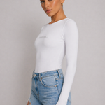 White crew neck bodysuit side front close up