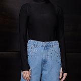 Seraphi Mock Neck Bodysuit Thumbhole Long Sleeves- Black