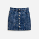Heath Acid Wash Denim Skirt Button Front- Navy Blue