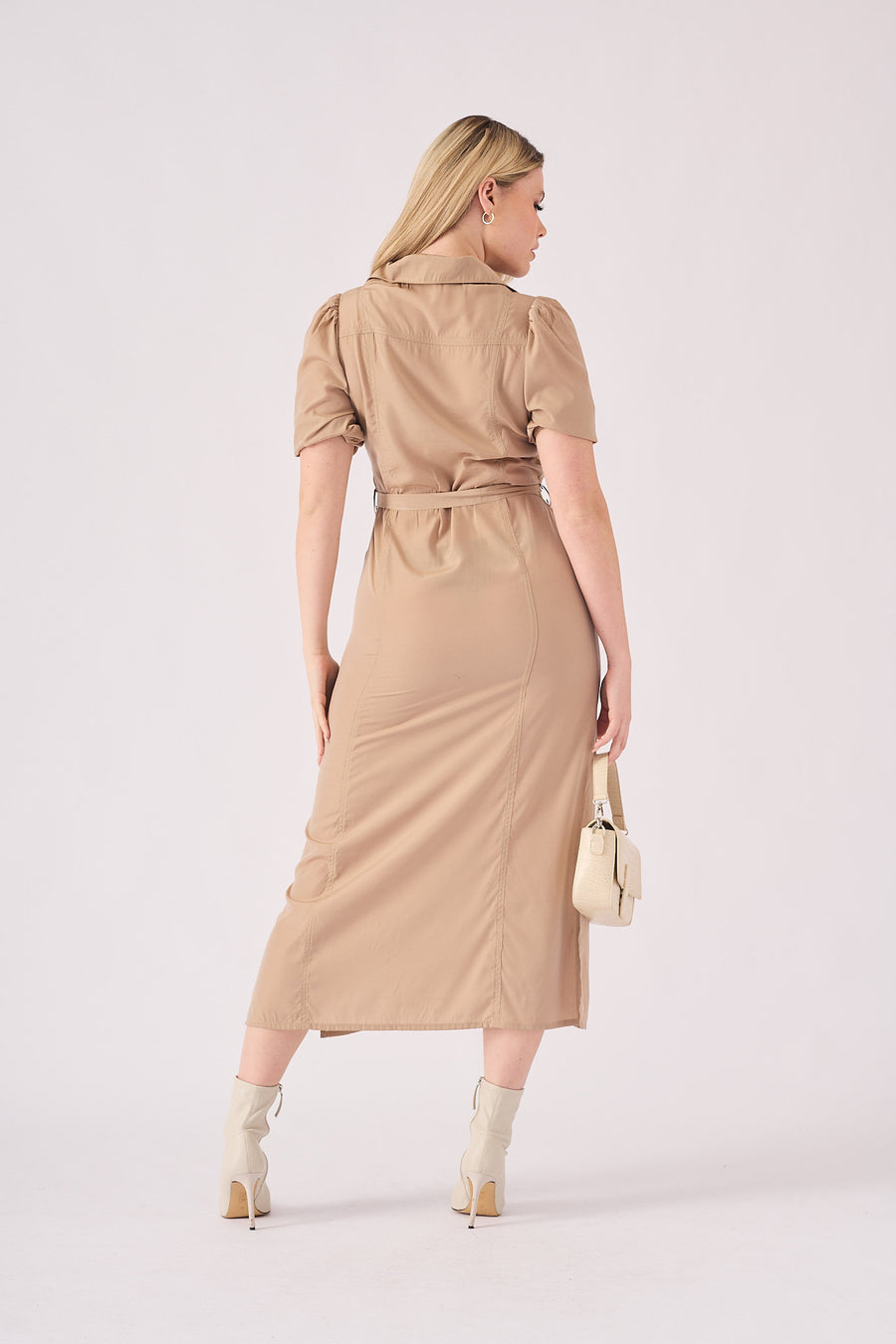 BELTED COTTON SATIN MIDI DRESS - BEIGE -  Women's Dresses