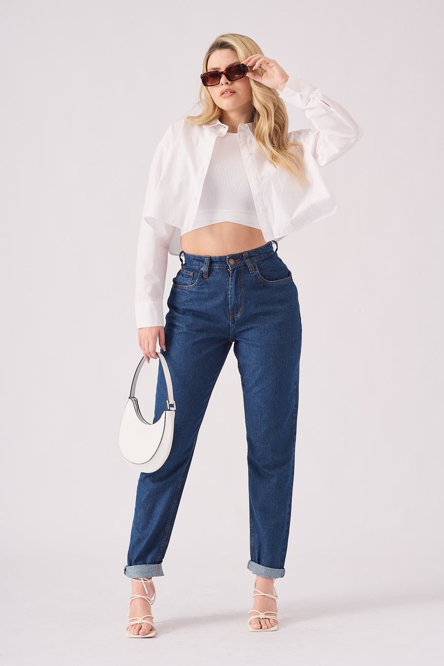 Babine High Waisted Turn Up Straight Leg Jeans - Mid Blue -  Women's Straight Leg Jeans