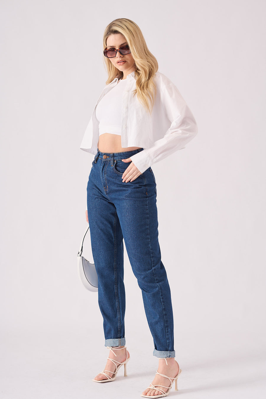 Babine High Waisted Turn Up Straight Leg Jeans - Mid Blue -  Women's Straight Leg Jeans