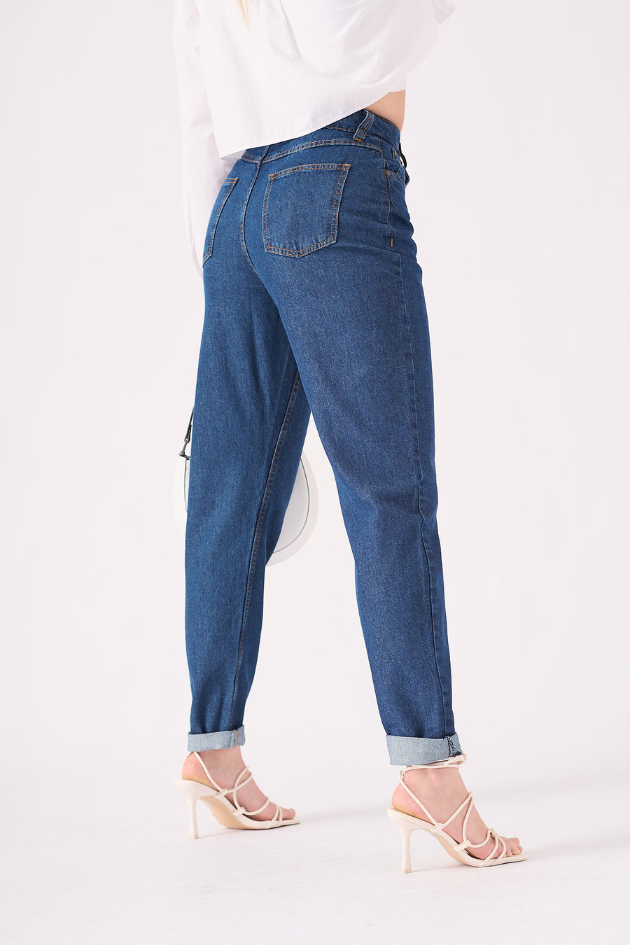 Babine High Waisted Turn Up Straight Leg Jeans - Mid Blue -  Women's Straight Leg Jeans