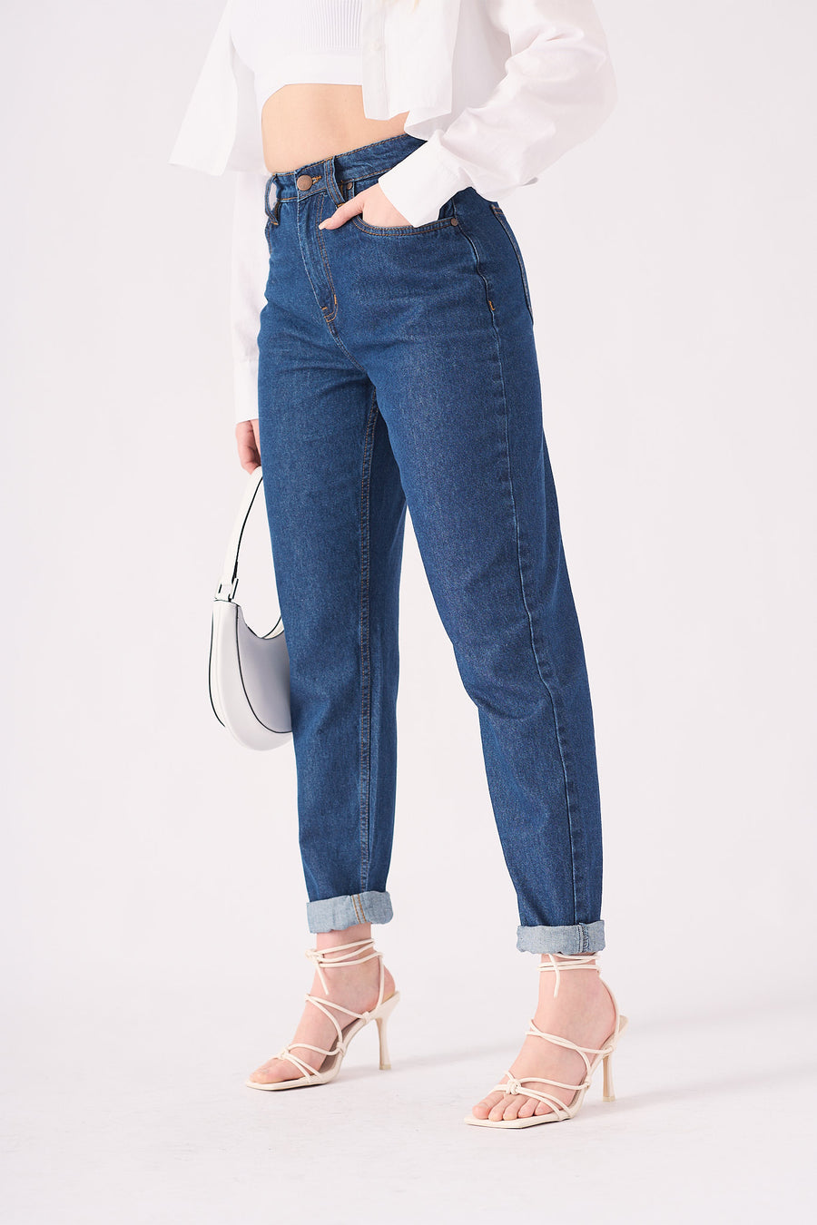 Babine High Waisted Turn Up Straight Leg Jeans - Mid Blue -  Women's Straight Leg Jeans