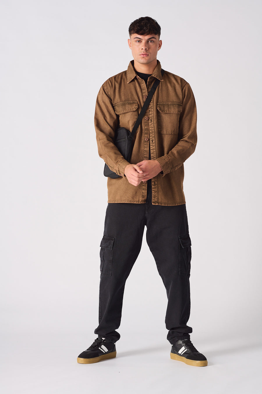CARGO DENIM SHIRT - BROWN ACID WASH -  Men's cargo denim shirts