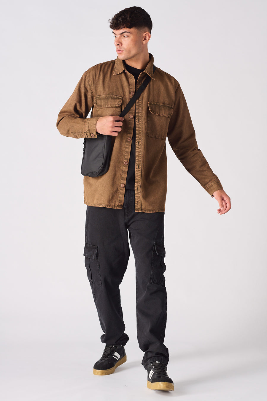 CARGO DENIM SHIRT - BROWN ACID WASH -  Men's cargo denim shirts