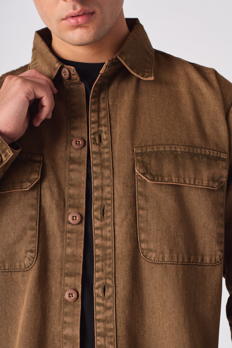 CARGO DENIM SHIRT - BROWN ACID WASH -  Men's cargo denim shirts