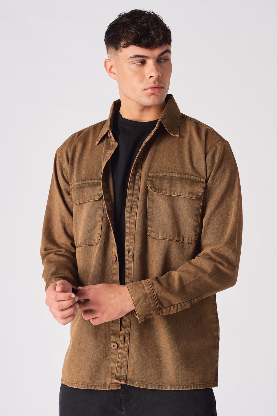 CARGO DENIM SHIRT - BROWN ACID WASH -  Men's cargo denim shirts