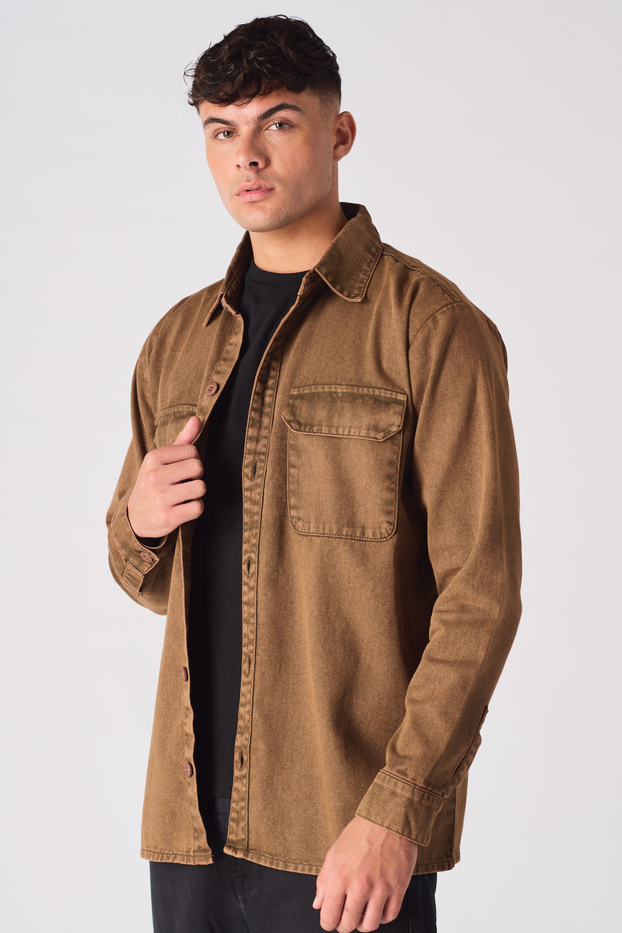 CARGO DENIM SHIRT - BROWN ACID WASH -  Men's cargo denim shirts