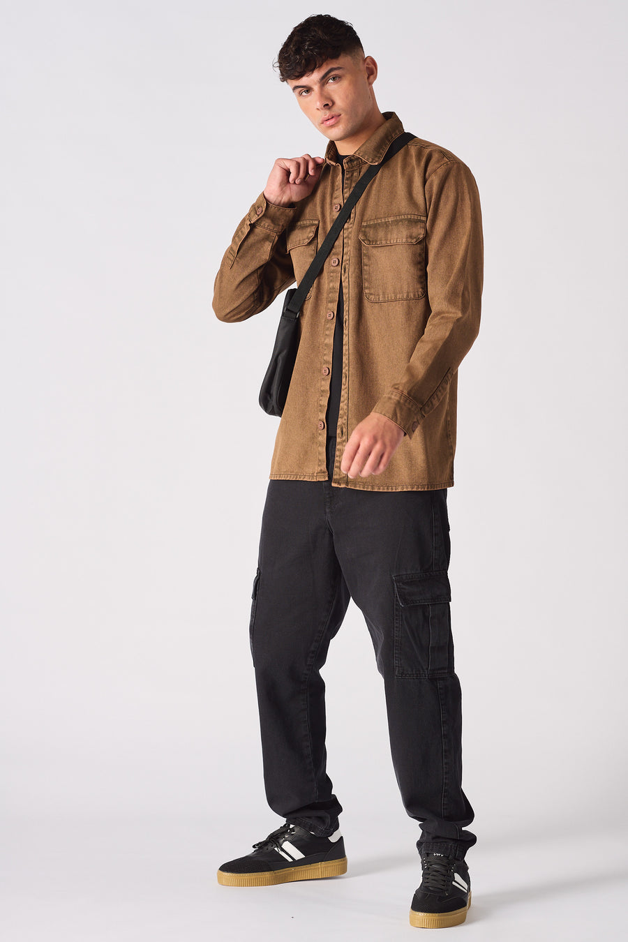 CARGO DENIM SHIRT - BROWN ACID WASH -  Men's cargo denim shirts