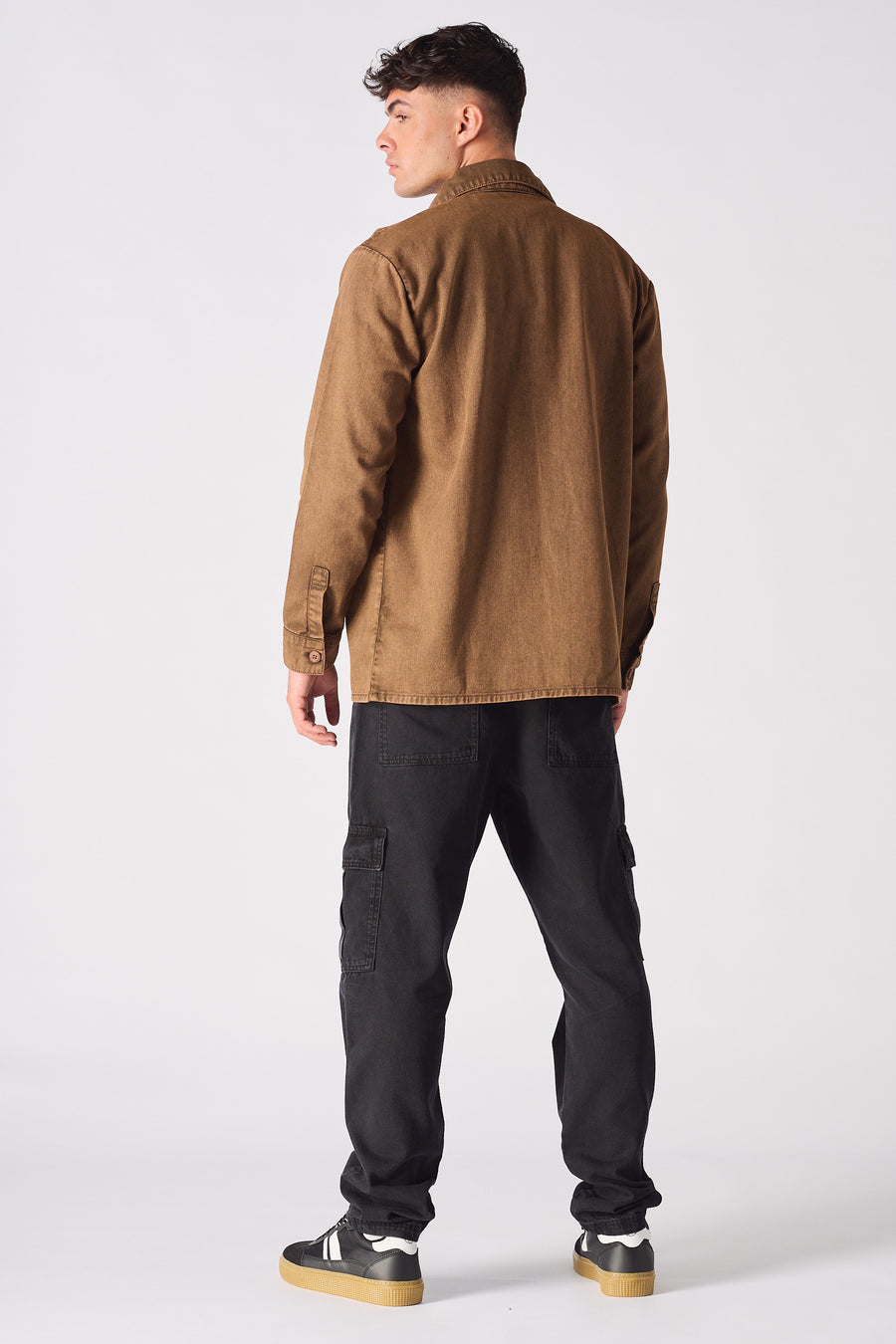 CARGO DENIM SHIRT - BROWN ACID WASH -  Men's cargo denim shirts