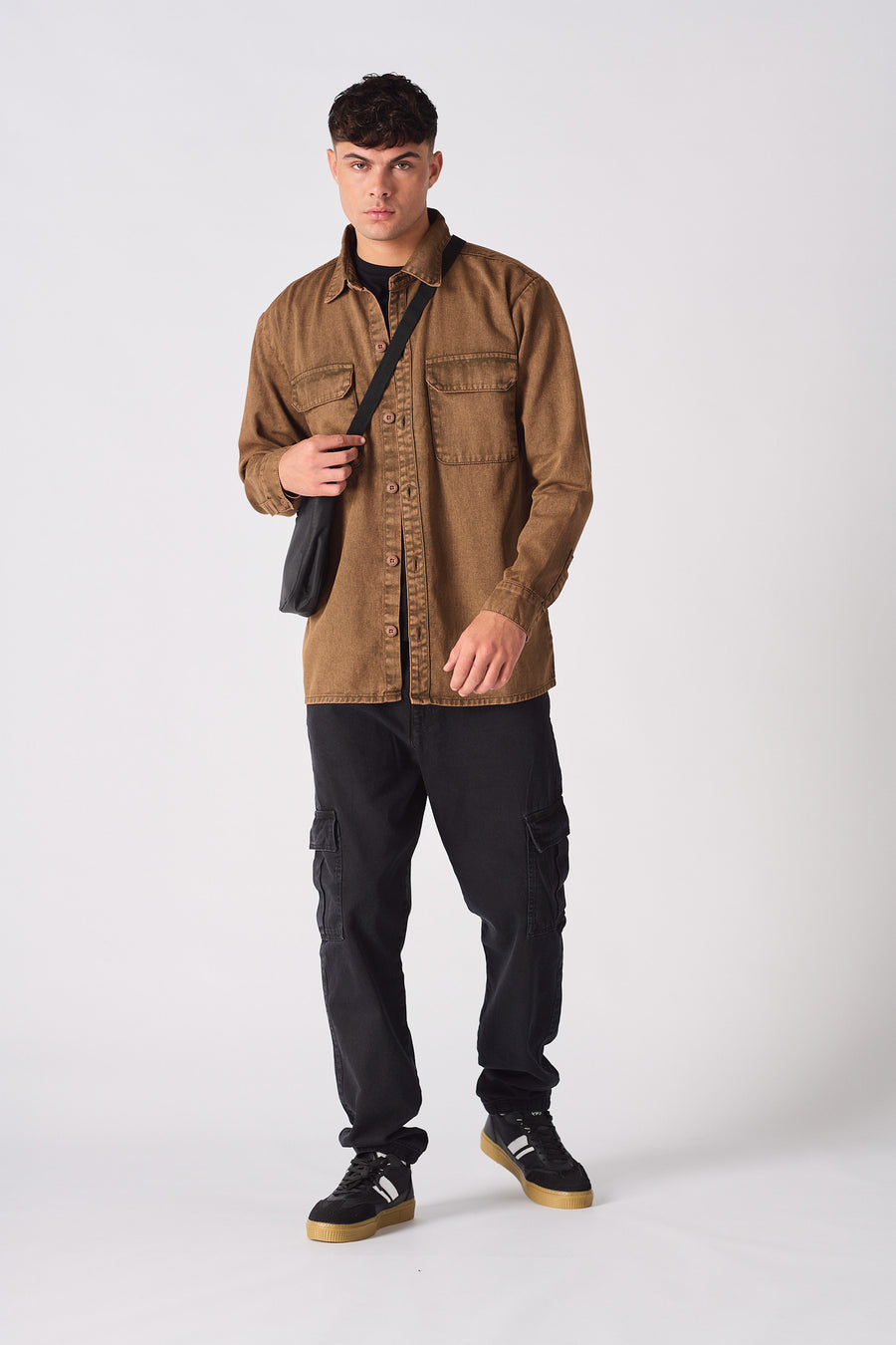 CARGO DENIM SHIRT - BROWN ACID WASH -  Men's cargo denim shirts