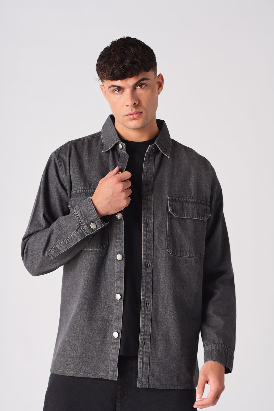 CARGO DENIM SHIRT - GREY ACID WASH -  Men's cargo denim shirts