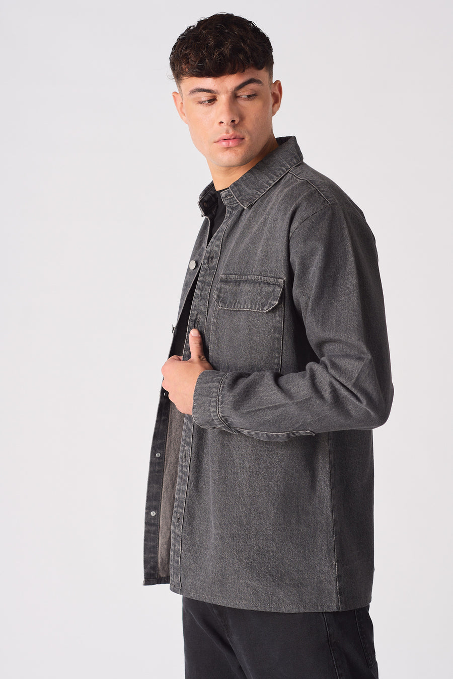 CARGO DENIM SHIRT - GREY ACID WASH -  Men's cargo denim shirts
