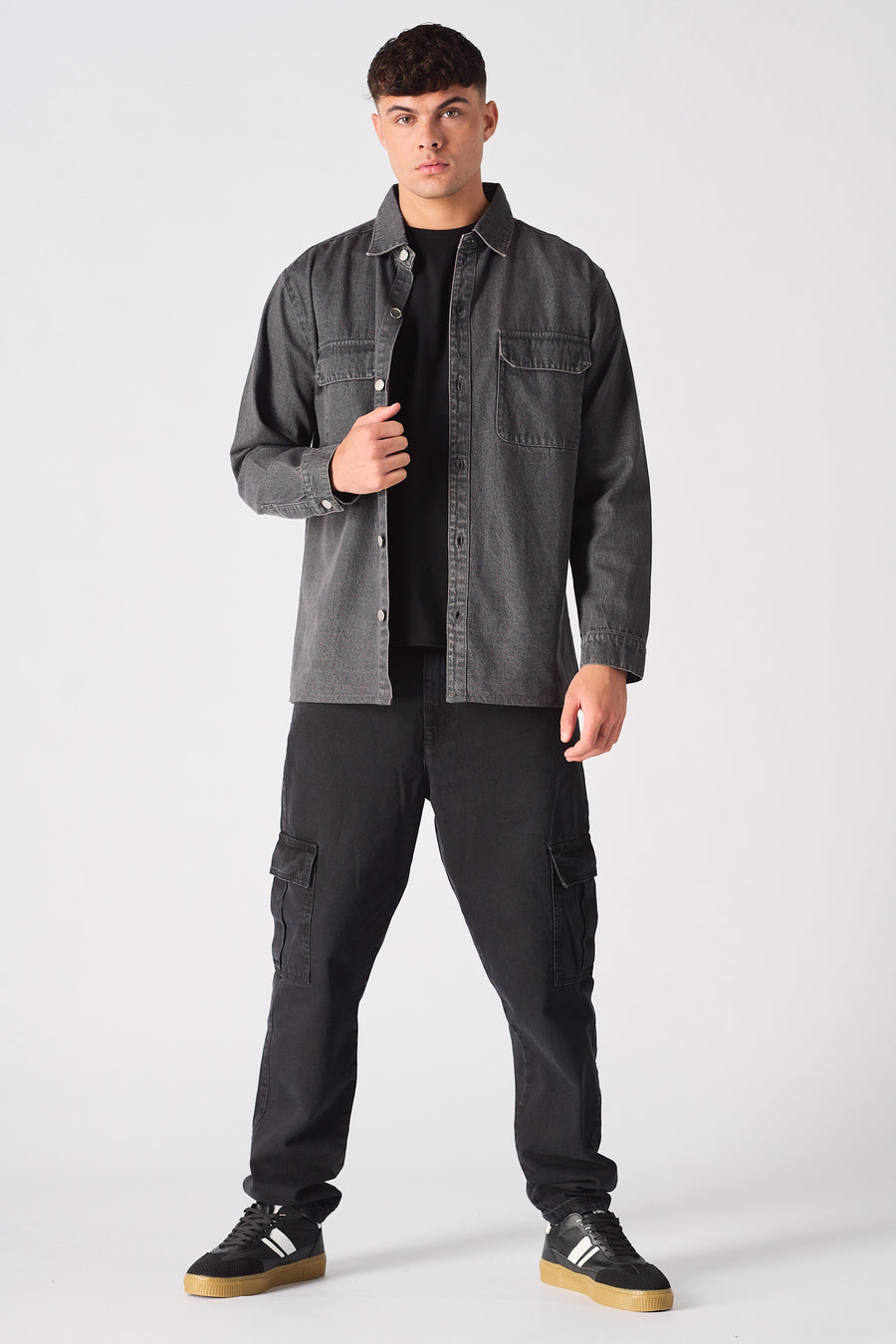 CARGO DENIM SHIRT - GREY ACID WASH -  Men's cargo denim shirts