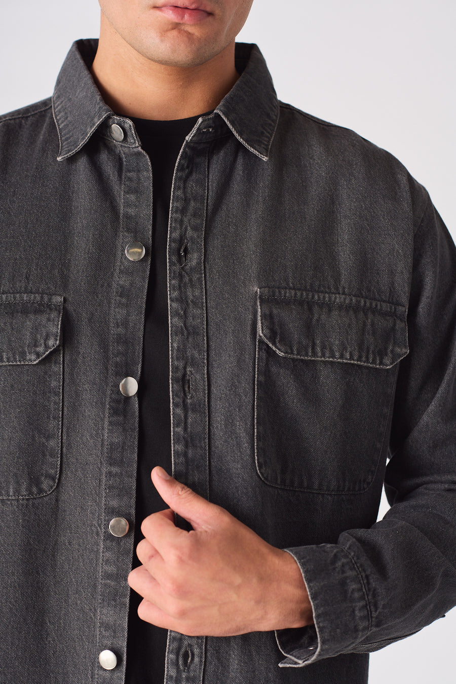 CARGO DENIM SHIRT - GREY ACID WASH -  Men's cargo denim shirts