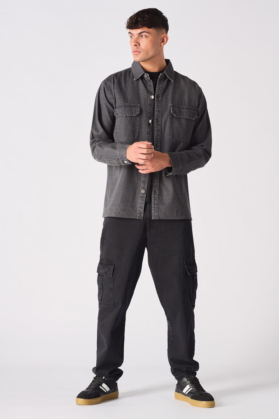 CARGO DENIM SHIRT - GREY ACID WASH -  Men's cargo denim shirts