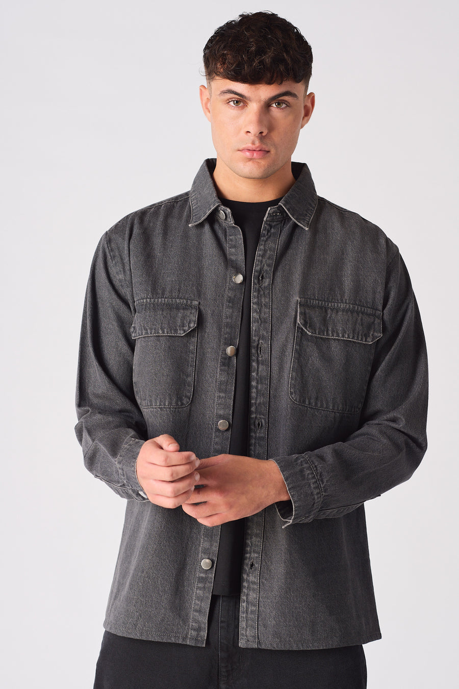 CARGO DENIM SHIRT - GREY ACID WASH -  Men's cargo denim shirts