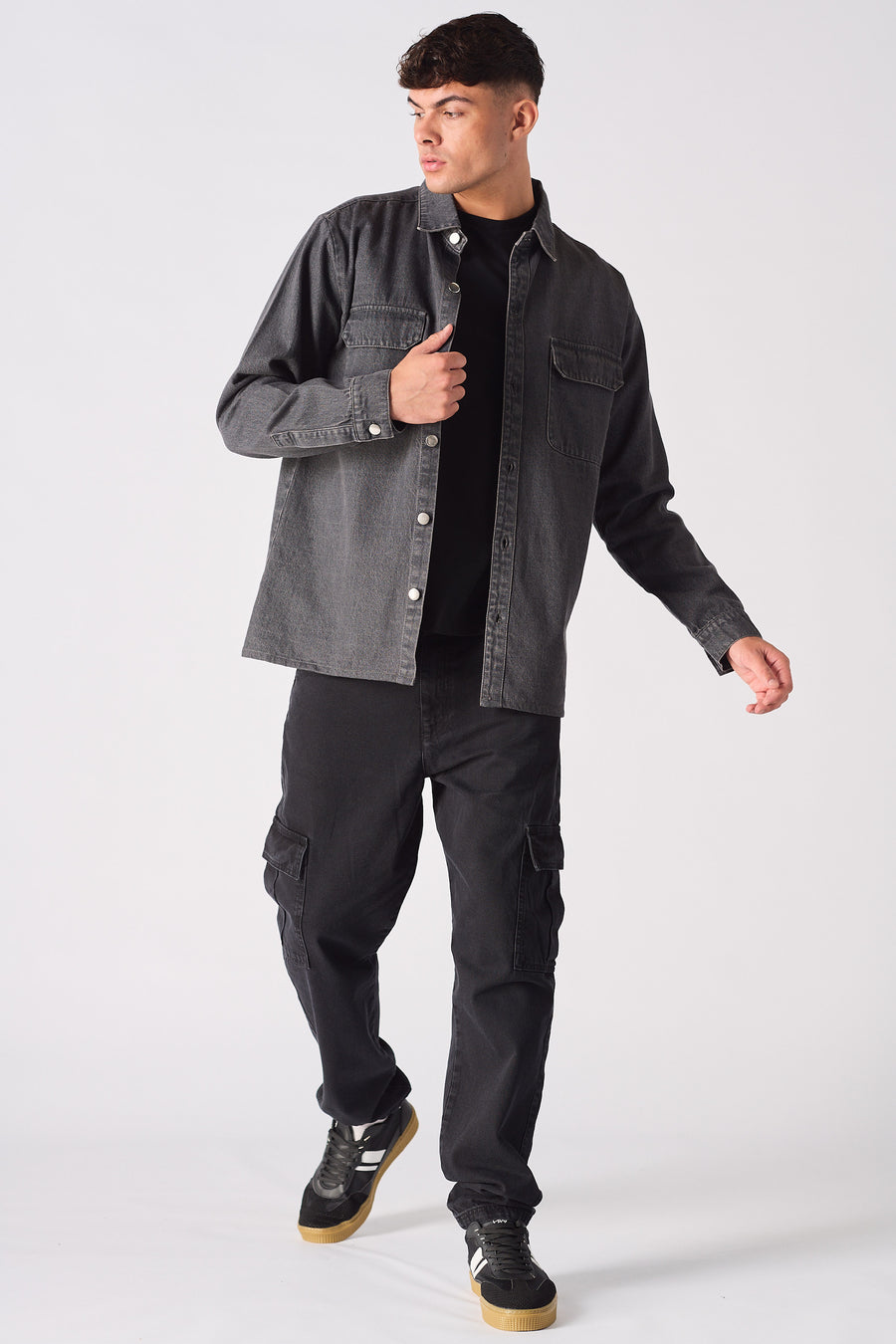 CARGO DENIM SHIRT - GREY ACID WASH -  Men's cargo denim shirts