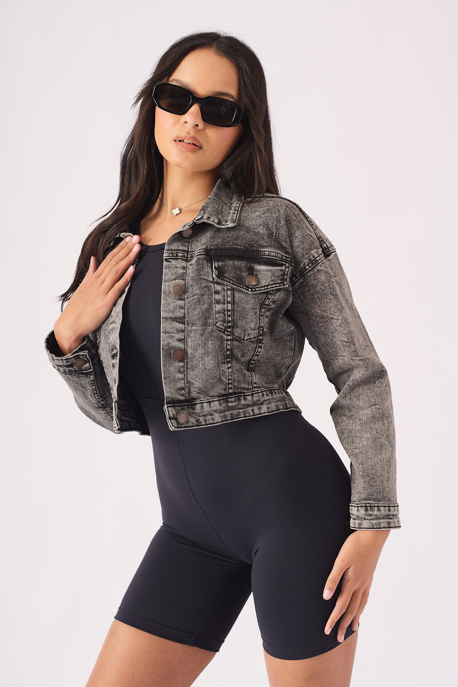 CROPPED DENIM JACKET - BLACK -  Women's Cropped Denim Jackets