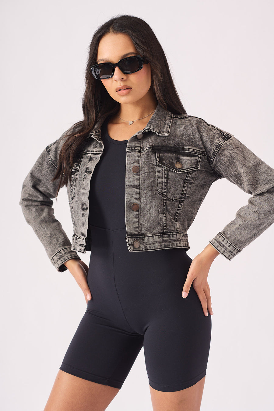 CROPPED DENIM JACKET - BLACK -  Women's Cropped Denim Jackets