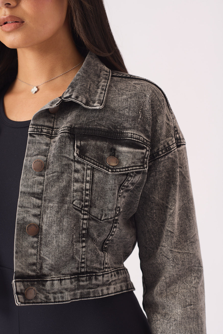 CROPPED DENIM JACKET - BLACK -  Women's Cropped Denim Jackets