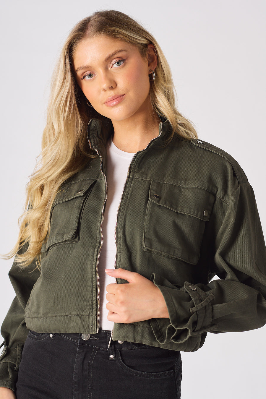 CROPPED DENIM JACKET - KHAKI -  Women's Cropped Denim Jackets