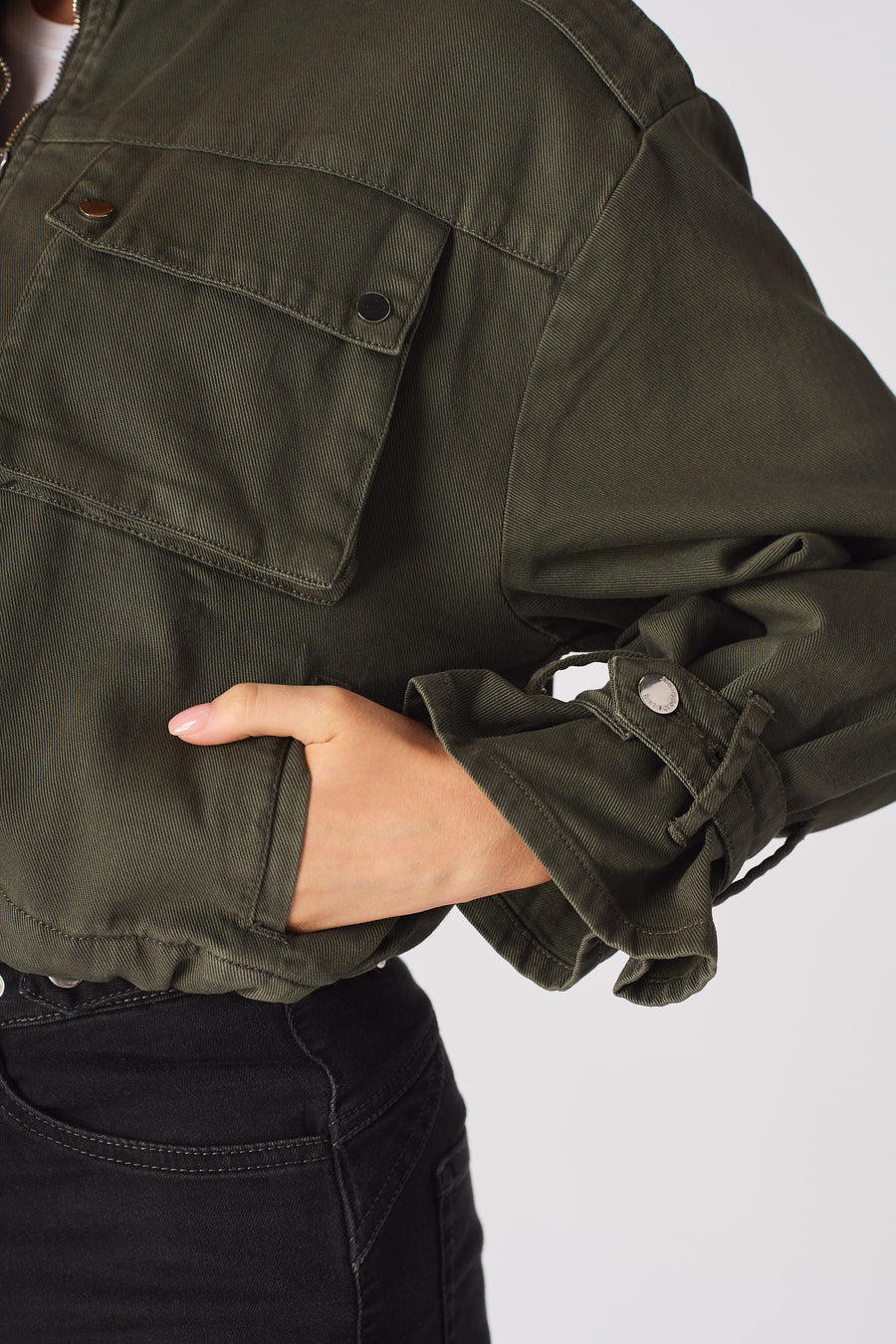 CROPPED DENIM JACKET - KHAKI -  Women's Cropped Denim Jackets