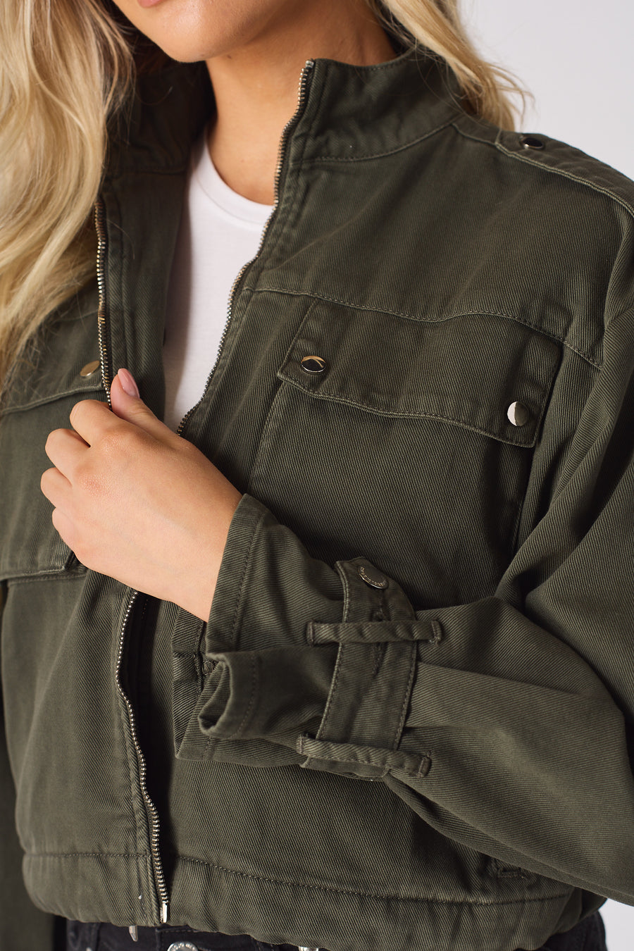 CROPPED DENIM JACKET - KHAKI -  Women's Cropped Denim Jackets