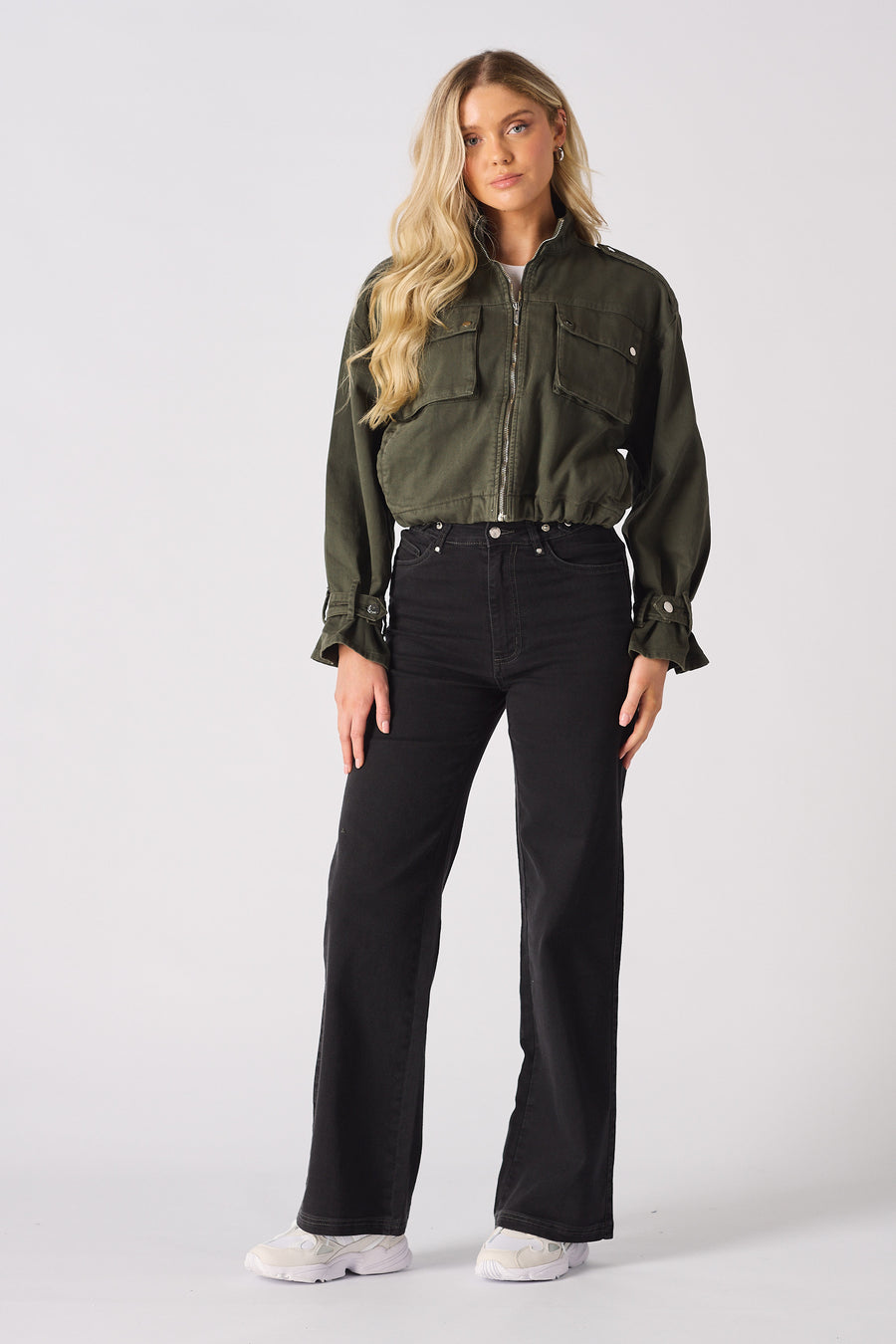 CROPPED DENIM JACKET - KHAKI -  Women's Cropped Denim Jackets