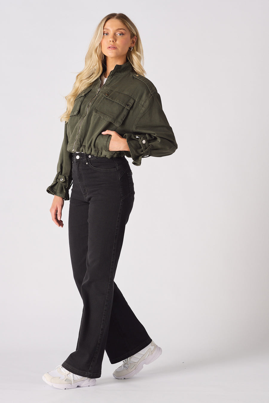 CROPPED DENIM JACKET - KHAKI -  Women's Cropped Denim Jackets