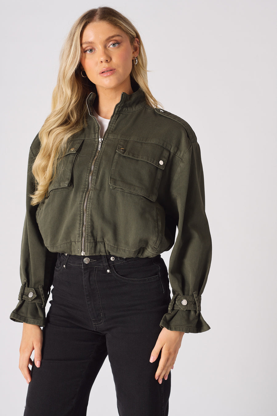 CROPPED DENIM JACKET - KHAKI -  Women's Cropped Denim Jackets