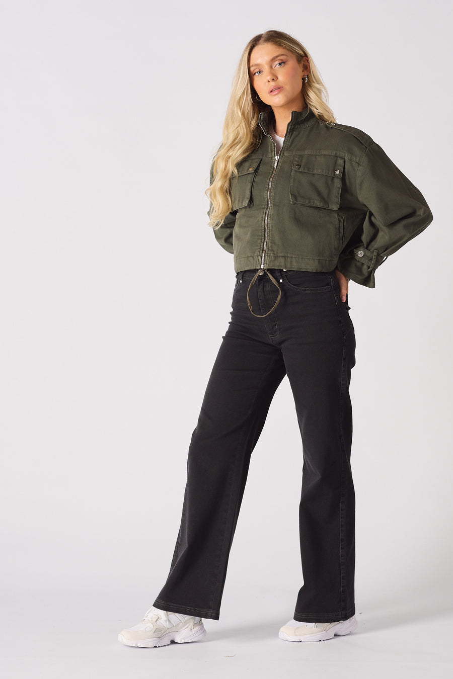 CROPPED DENIM JACKET - KHAKI -  Women's Cropped Denim Jackets