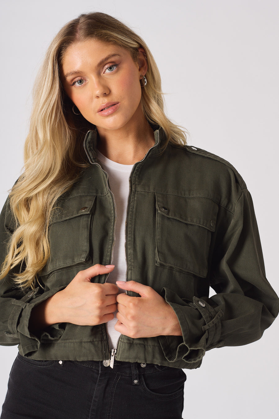 CROPPED DENIM JACKET - KHAKI -  Women's Cropped Denim Jackets