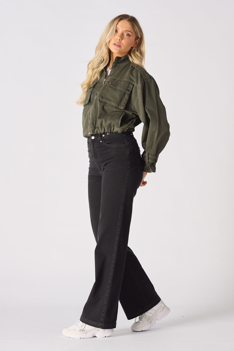 CROPPED DENIM JACKET - KHAKI -  Women's Cropped Denim Jackets