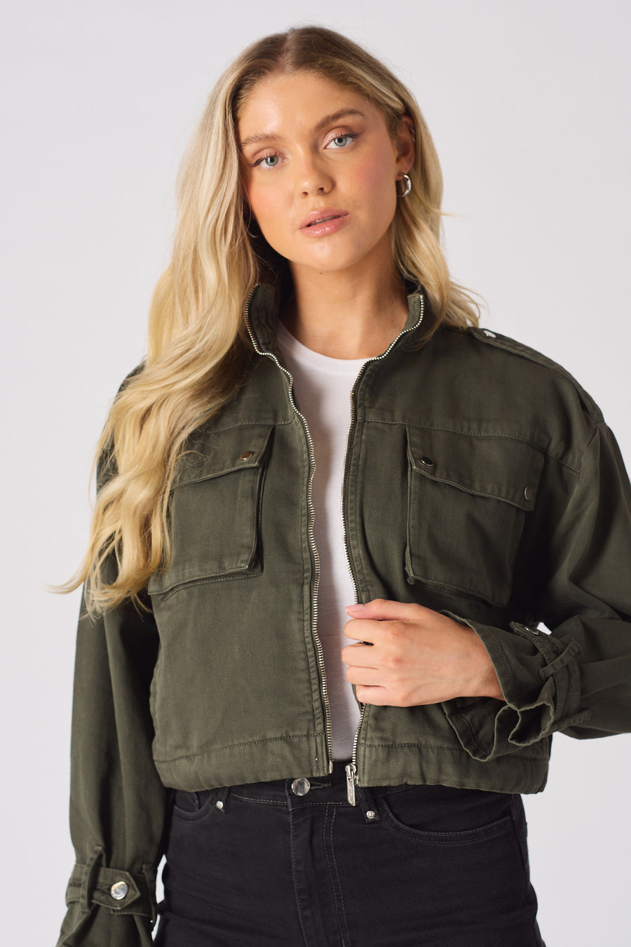 CROPPED DENIM JACKET - KHAKI -  Women's Cropped Denim Jackets