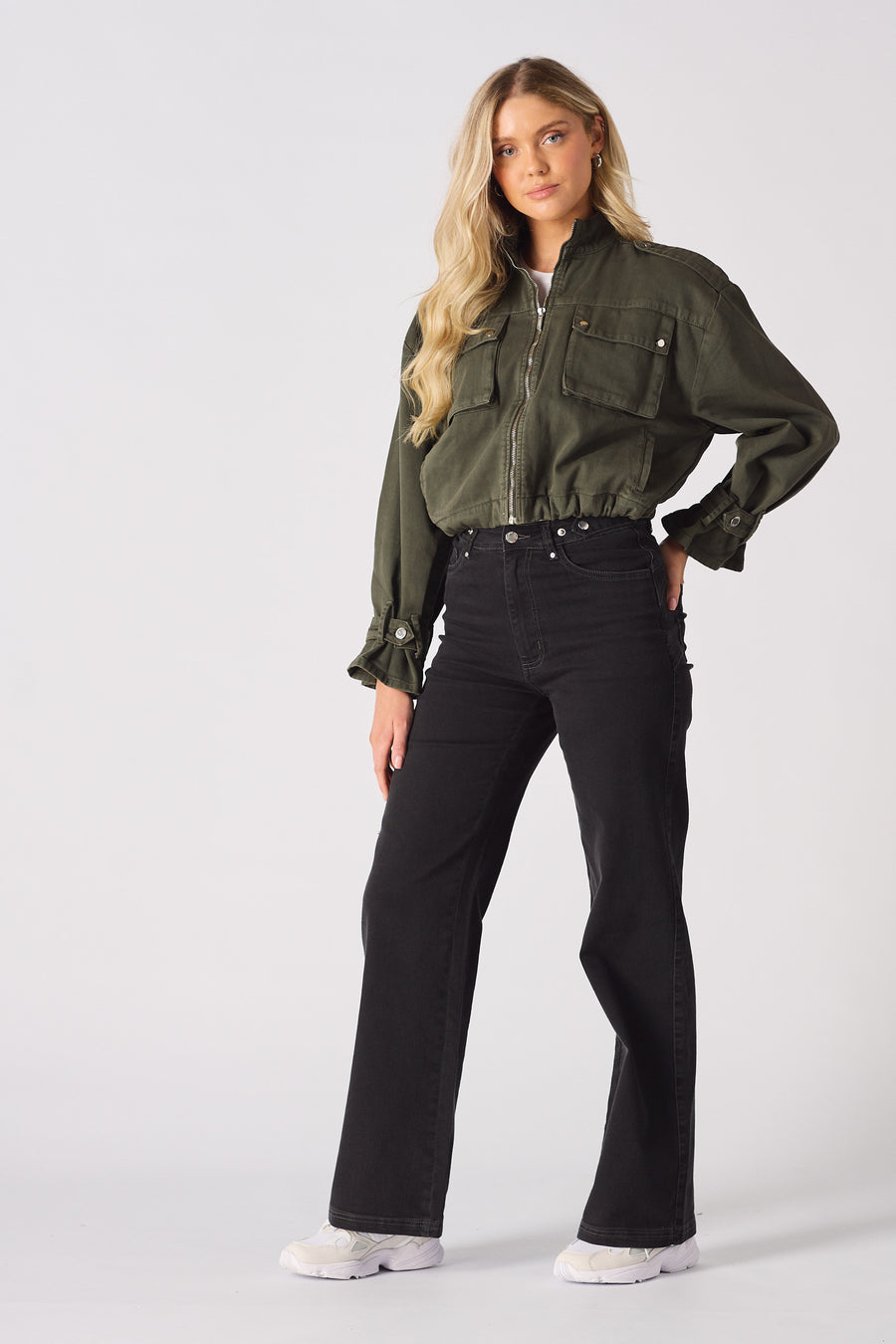 CROPPED DENIM JACKET - KHAKI -  Women's Cropped Denim Jackets