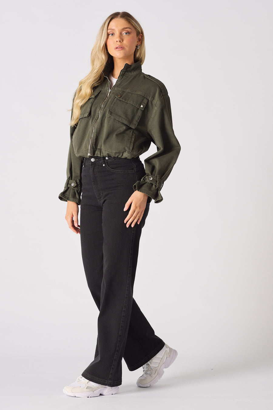 CROPPED DENIM JACKET - KHAKI -  Women's Cropped Denim Jackets