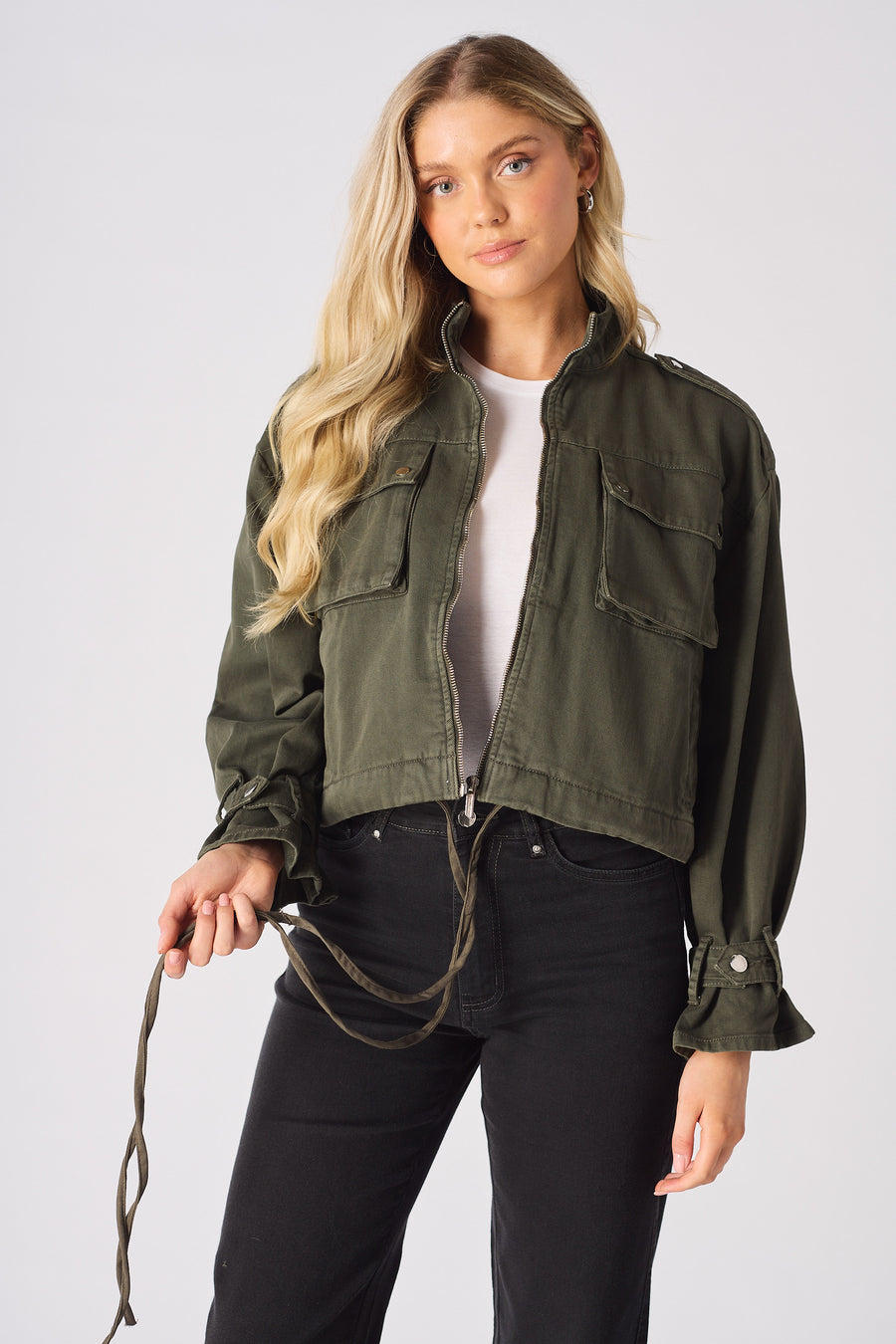 CROPPED DENIM JACKET - KHAKI -  Women's Cropped Denim Jackets