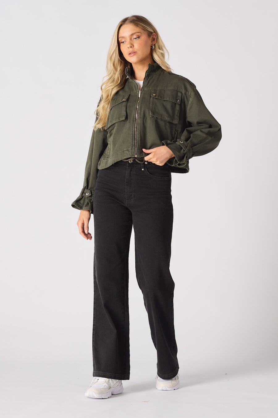 CROPPED DENIM JACKET - KHAKI -  Women's Cropped Denim Jackets