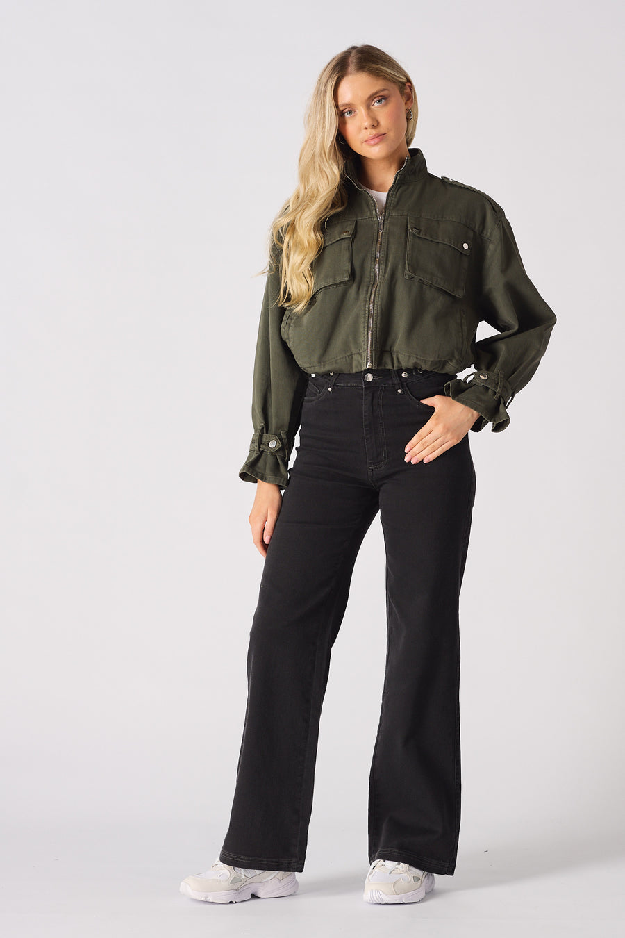 CROPPED DENIM JACKET - KHAKI -  Women's Cropped Denim Jackets