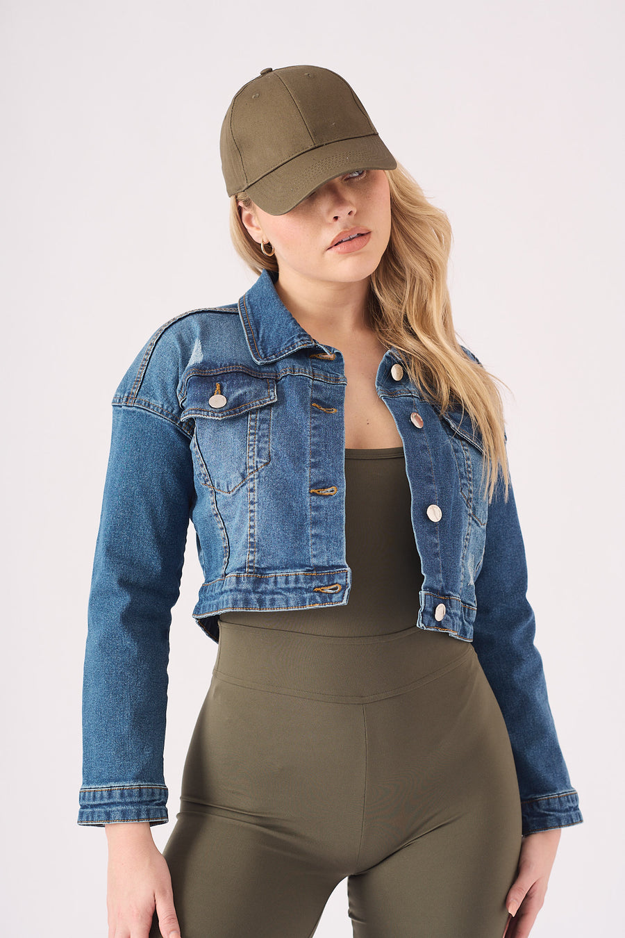 CROPPED DENIM JACKET - MID BLUE -  Women's Cropped Denim Jackets