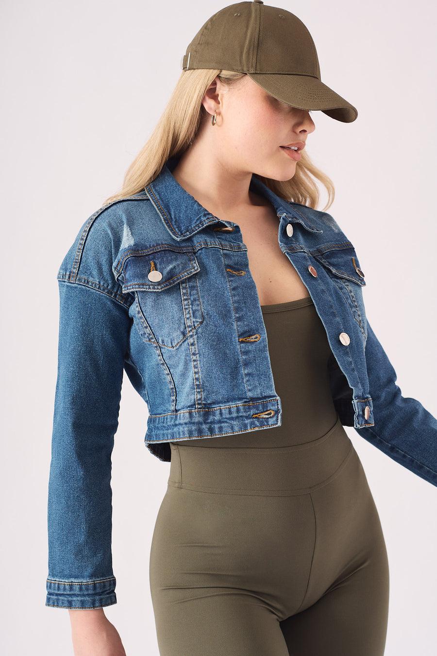 CROPPED DENIM JACKET - MID BLUE -  Women's Cropped Denim Jackets