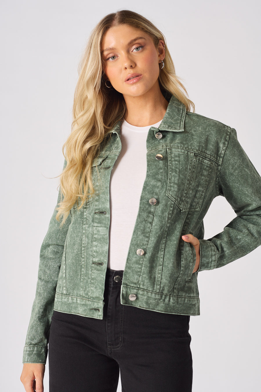 DENIM TRUCKER JACKET - PEARL GREEN -  Women's Denim Jackets