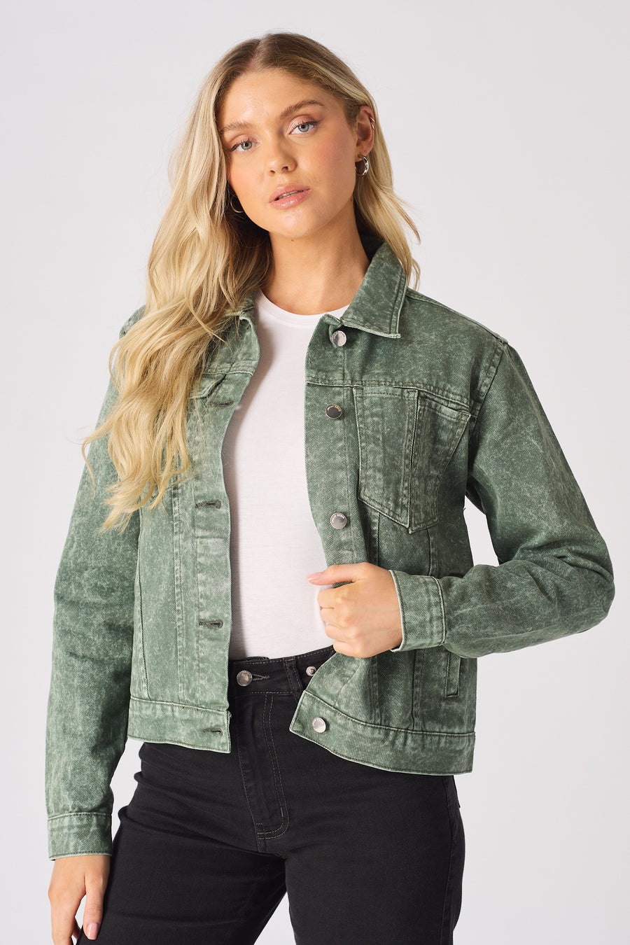 DENIM TRUCKER JACKET - PEARL GREEN -  Women's Denim Jackets