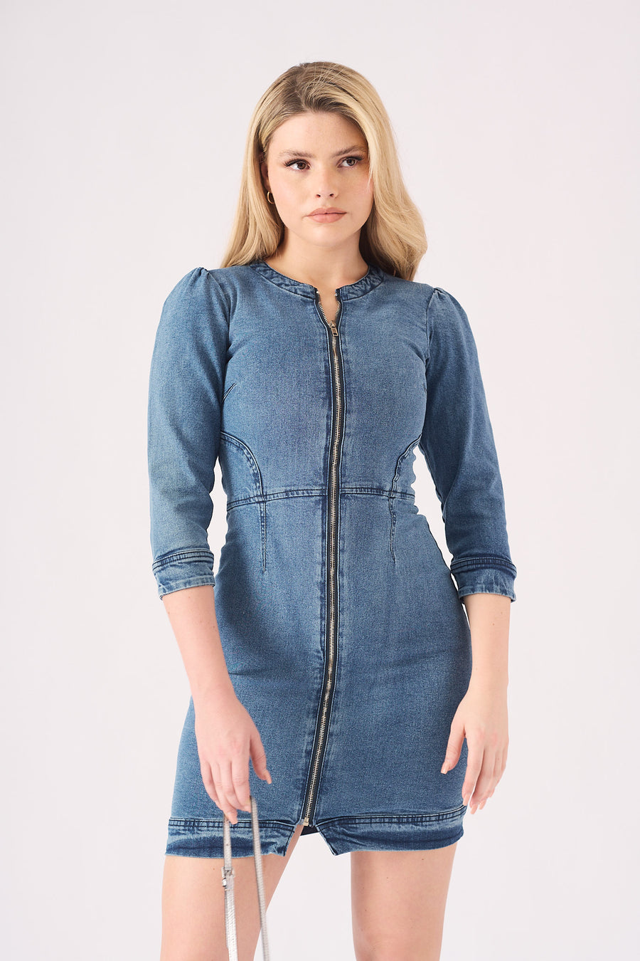 DENIM ZIP UP DRESS - BLUE -  Women's Denim Dresses