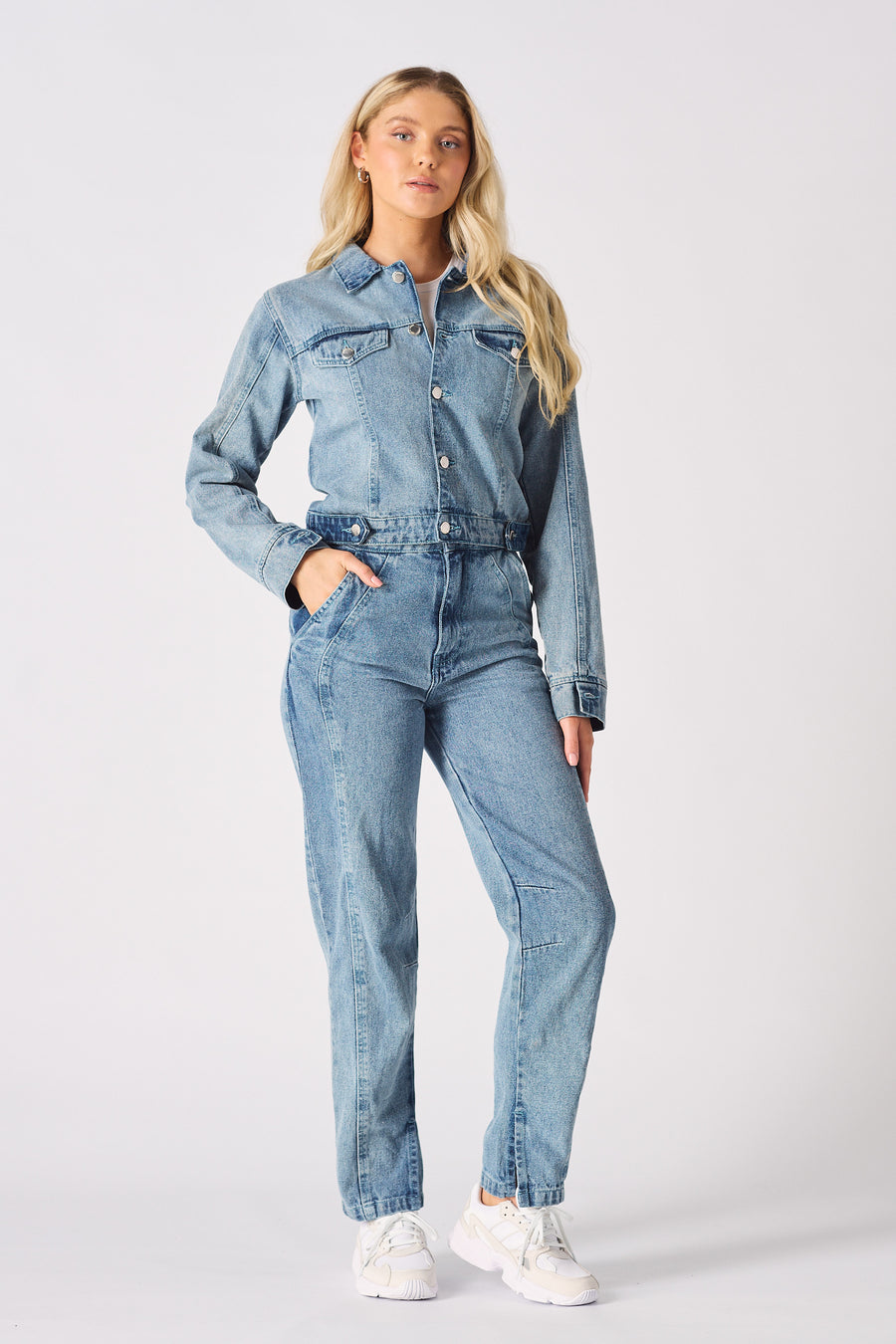 DETACHABLE DENIM JUMPSUIT - BLUE ACID WASH -  Women's Denim Jumpsuits Detachable