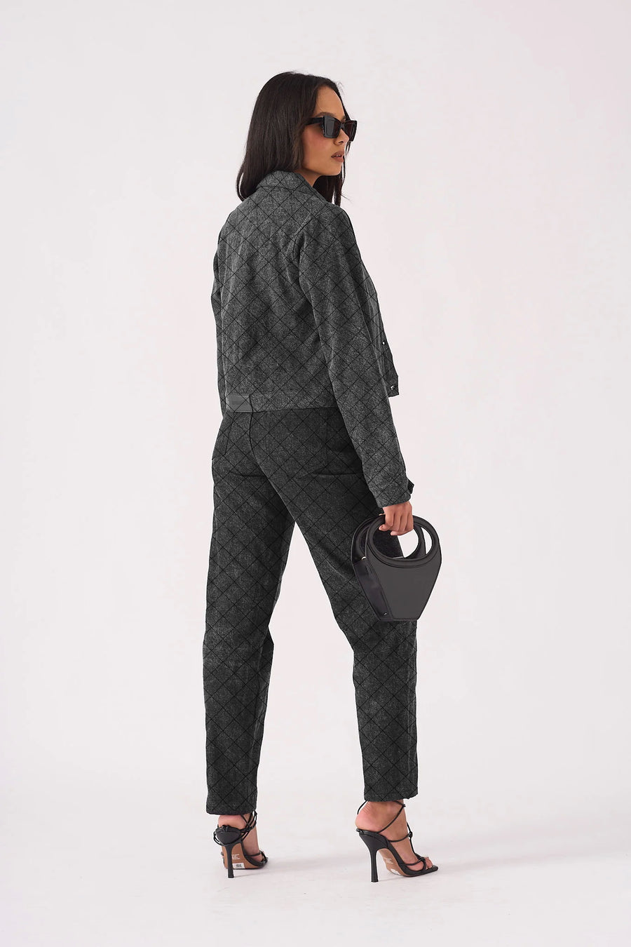 DIAMOND STITCH CROP DENIM  JACKET  - BLACK ACID WASH -  Women's Cropped Denim Jackets